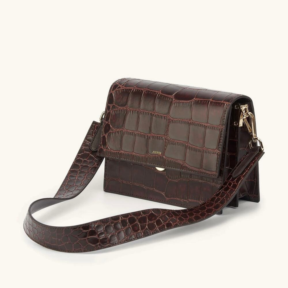 JW Pei Mini Flap Crossbody Burgundy Brown Croc Gold Hardware Vegan Leather Bag